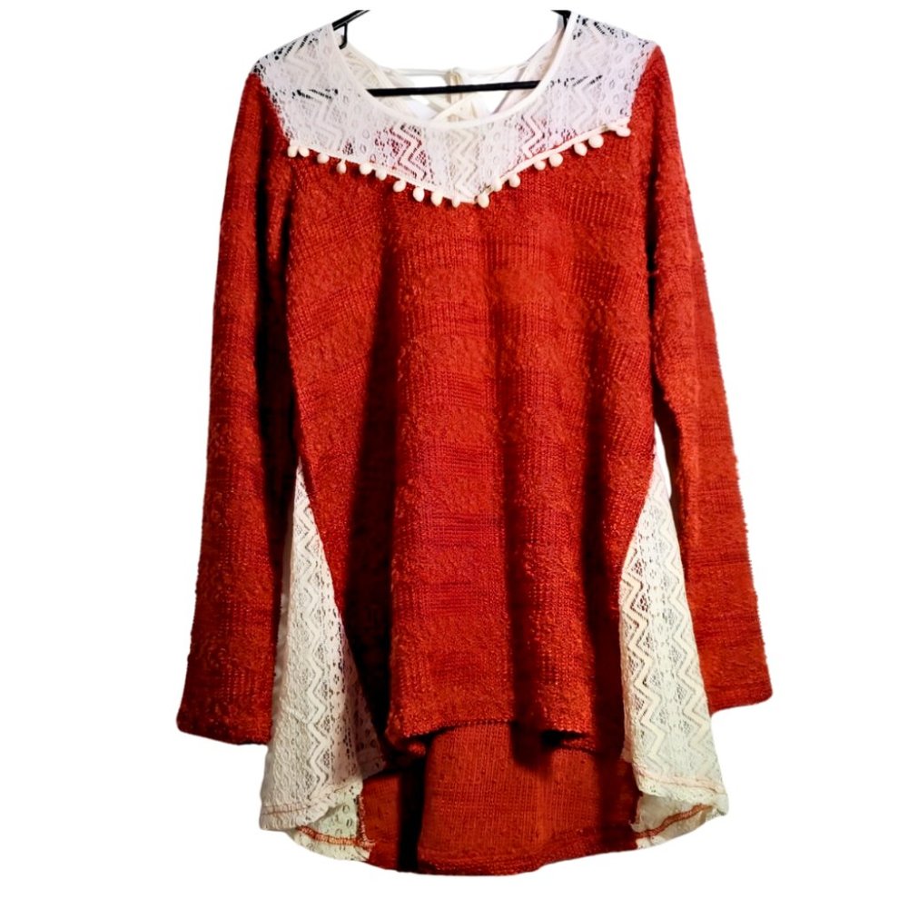 NWT Areve Crotchet Pullover Sweater W. Pom Poms Accents Open Back String Closure